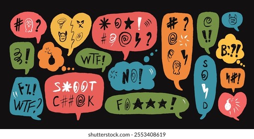 Speech bubbles with hate swear words. Crayon doodle text. Bad bulling expression on chat dialog boxes. Aggressive social media swearwords isolated on white background. Vector hand drawn illustration