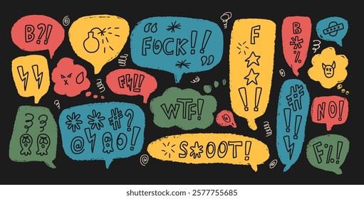 Speech bubbles with hate swear words. Crayon doodle text. Bad bulling expression on chat dialog boxes. Aggressive social media swearwords isolated on white background. Vector hand drawn illustration.