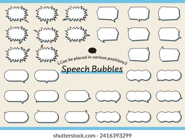 Speech bubbles have a wide variety of horn orientations and can be placed in a variety of positions. Line width can be edited.