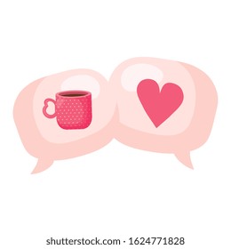 speech bubbles with heart and cup coffee vector illustration design