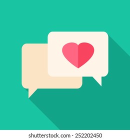 Speech bubbles with heart. Flat stylized object with long shadow