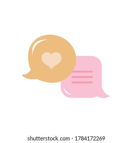 burbujas de voz con icono cardíaco sobre fondo blanco, estilo plano, ilustración vectorial