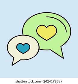 Speech bubbles with heart icon. Valentines day symbol. Vector illustration, romance elements. Sticker, patch, badge, card for marriage, wedding