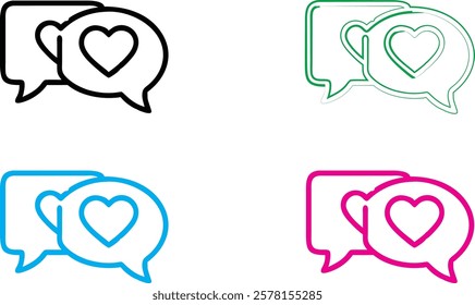 Speech bubbles, heart icons, simple line drawings, social media symbols, love messages, minimalist design, black and white, neon colors, pink, blue, green outlines, communication concept, digital roma