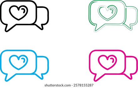 Speech bubbles, heart icons, simple line drawings, social media symbols, love messages, minimalist design, black and white, neon colors, pink, blue, green outlines, communication concept, digital roma