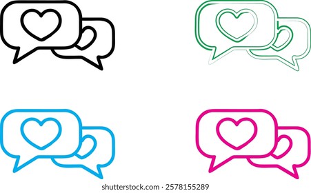 Speech bubbles, heart icons, simple line drawings, social media symbols, love messages, minimalist design, black and white, neon colors, pink, blue, green outlines, communication concept, digital roma