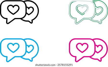 Speech bubbles, heart icons, simple line drawings, social media symbols, love messages, minimalist design, black and white, neon colors, pink, blue, green outlines, communication concept, digital roma