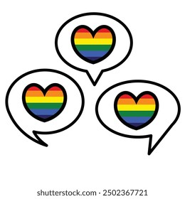 speech bubbles and heart shaped lgbtq flag icon in grey scale isolated on white background.