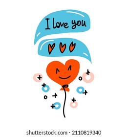 Speech bubbles with hearts, Lettering I Love You and air balloon in shape of heart . Internet talk, chat, decoration. Valentines Day Doodle, Hand drawn, line art and flat vector for web, card, sticker