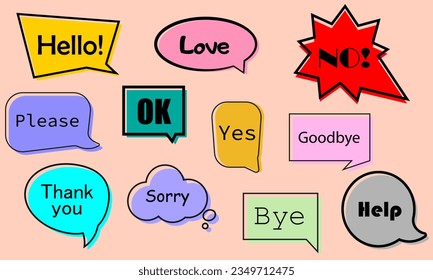 Speech Bubbles Hello, Okay, Bye, Love, Thank you, Goodbye, Yes, No, Please, Sorry, Help  Set in Vector.