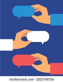 speech bubbles in human hands, communication concept, vector illustration
