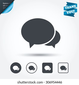 Speech bubbles icon. Chat or blogging sign. Communication symbol. Circle and square buttons. Flat design set. Thank you ribbon. Vector
