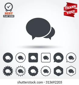 Speech bubbles icon. Chat or blogging sign. Communication symbol. Circle, star, speech bubble and square buttons. Award medal with check mark. Thank you. Vector