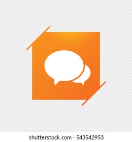 Speech bubbles icon. Chat or blogging sign. Communication symbol. Orange square label on pattern. Vector