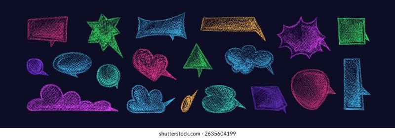 Speech bubbles icon. Hand drawn crayon set. Vector color charcoal doodle talk balloon with cute texture on black backdrop. Art clouds shapes for chat and advertising