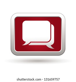 Speech bubbles icon on the red with silver rectangular button. Vector illustration