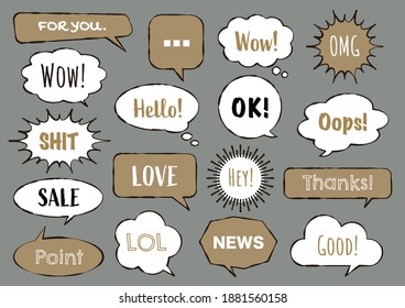 burbujas de voz, iconos, estilo de escritura a mano Pincel Ilustración vectorial.