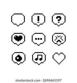 Speech bubbles with icons and emotions 8-bit pixel art set. Retro monochrome design symbolizing chat, communication, and expression. Minimal digital elements for pixel games and interfaces.