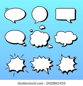 Speech bubbles icons set for comics. Callout clouds cartoon illustrations. Vector illustrations collection. Cartoon words balloons for Comic book