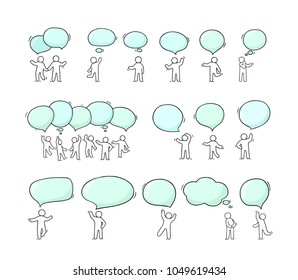 Speech bubbles icons set with little people. Doodle cute miniature scenes of workers with chat clouds. Hand drawn cartoon vector illustration for social design.