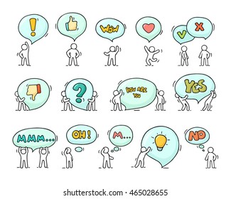 Speech bubbles icons set with little people. Doodle cute miniature scenes of workers with chat clouds. Hand drawn cartoon vector illustration for social design.