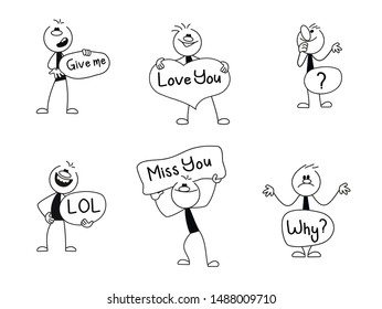 Speech bubbles icons set with people. Doodle cute miniature scenes of workers with chat clouds. Hand drawn cartoon vector illustration for social design.