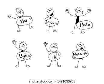 Speech bubbles icons set with people. Doodle cute miniature scenes of workers with chat clouds. Hand drawn cartoon vector illustration for social design.