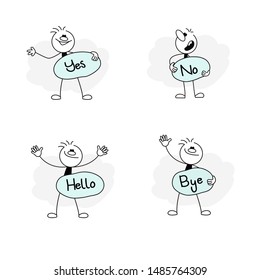 Speech bubbles icons set with stick figures and yes, no, hello, bye. Hand drawn cartoon vector illustration for social design.