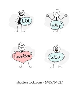 Speech bubbles icons set with stick figures and lol, why, love you, wow. Hand drawn cartoon vector illustration for social design.