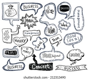 speech bubbles idea and finance icons doodle set. Hand drawn vector illustration.