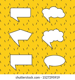 Speech bubbles isolated on colorful background with seamless pattern of line. Vector set. Cloud bubble speech for communication, chatting, discussion, comic. Geometrical and abstract shapes.