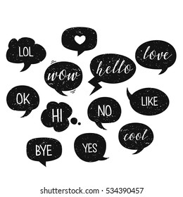 Speech bubbles isolated. Vector illustration, eps10. Hi, lol, ok, love, yes, no, bye, cool. Grunge texture. Easy to edit design for stickers, icons. 