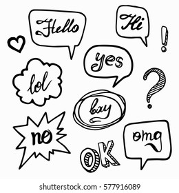 Speech Bubbles Isolated. Vector Illustration. Hi, Hello, Lol, Ok, Love, Yes, No, Bye, Omg. Easy To Edit Design For Stickers, Icons. Doodle Style