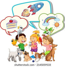 Speech bubbles with kids and pets illustration