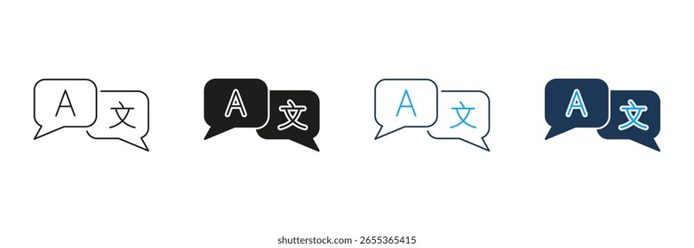 Bolhas De Fala Com Linha De Símbolos De Idioma E Conjunto De Ícones Sólidos. Comunicação Multilíngue E Coleção De Símbolos De Tradução. Intercâmbio De Idiomas E Interação Global. Ilustração de vetor isolada.