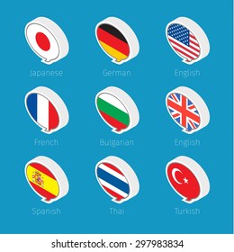 Speech bubbles, languages icons with countries flags. Vector illustration