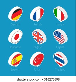 Speech bubbles, languages icons with countries flags. Vector illustration