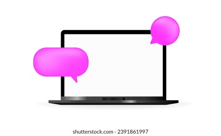 Speech bubbles layout on the laptop screen. Flat, purple, message bubble mockups, laptop screen template. Vector icon