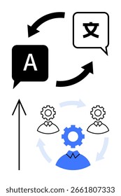 Speech bubbles with letters and arrows illustrating language translation. Gear icons and arrows representing collaborative teamwork. Ideal for communication, international collaboration, technology