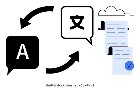 Speech bubbles with letters, arrows indicating translation, and a document with a checkmark under a cloud portrays language translation. Ideal for language services, technology, communication