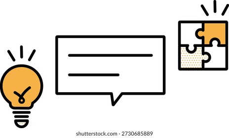 Burbujas de voz, bombillas e íconos de rompecabezas, Imágenes de situaciones en las que puede obtener consejos, idear ideas y conectar sus pensamientos
