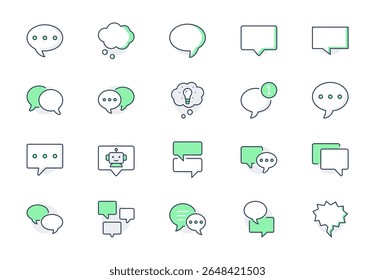 Speech bubbles line icon set. Vector illustration include icon - balloon, comment, message, communication, conversation, discussion outline pictogram for dialog. Green Color, Editable Stroke.