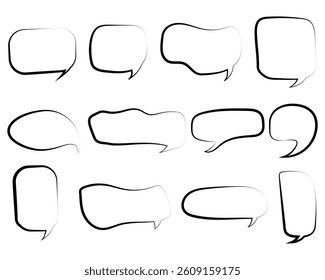 Speech bubbles line set  in various shapes. Empty speech bubble Black collection. communication frames. Black and white.Textbox in doodle style. Hand drawn vector speech bubble. Comic chat message 