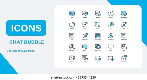 Speech Bubbles - line vector icon set. Pixel perfect. Editable stroke. The set includes a Speech Bubble, Online Messaging, Bubble, Message, Discussion, Communication, Speech, Community.