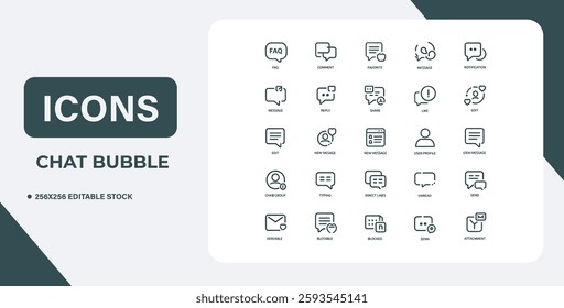 Speech Bubbles - line vector icon set. Pixel perfect. Editable stroke. The set includes a Speech Bubble, Online Messaging, Bubble, Message, Discussion, Communication, Speech, Community.