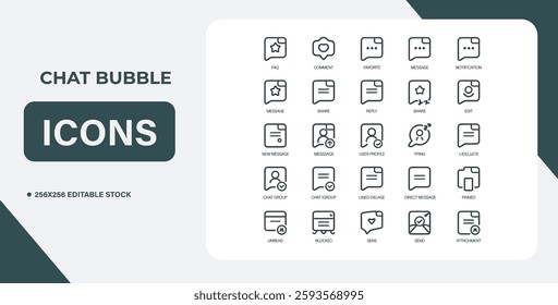 Speech Bubbles - line vector icon set. Pixel perfect. Editable stroke. The set includes a Speech Bubble, Online Messaging, Bubble, Message, Discussion, Communication, Speech, Community.