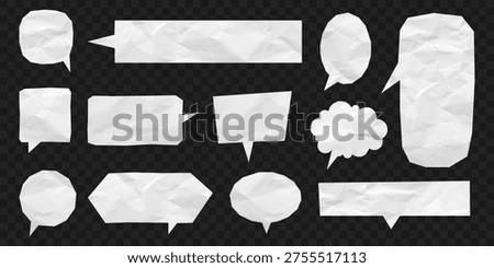 Speech bubbles made from crumpled paper texture. Different shapes speech bubble cut out from white crumpled paper on transparent background. Wrinkled empty communication bubbles. Vector illustration.