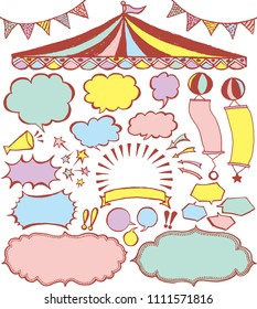 speech bubbles and market place ornaments. hand drawn illustrations.