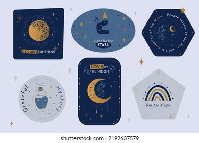 Speech bubbles with moon quotes. Magical elegant collection of cosmic elements. Mystical and cute set of stylized moons, suns, planets, constellations and other unusual compositions.