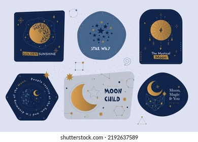 Speech bubbles with moon quotes. Magical elegant collection of cosmic elements. Mystical and cute set of stylized moons, suns, planets, constellations and other unusual compositions.